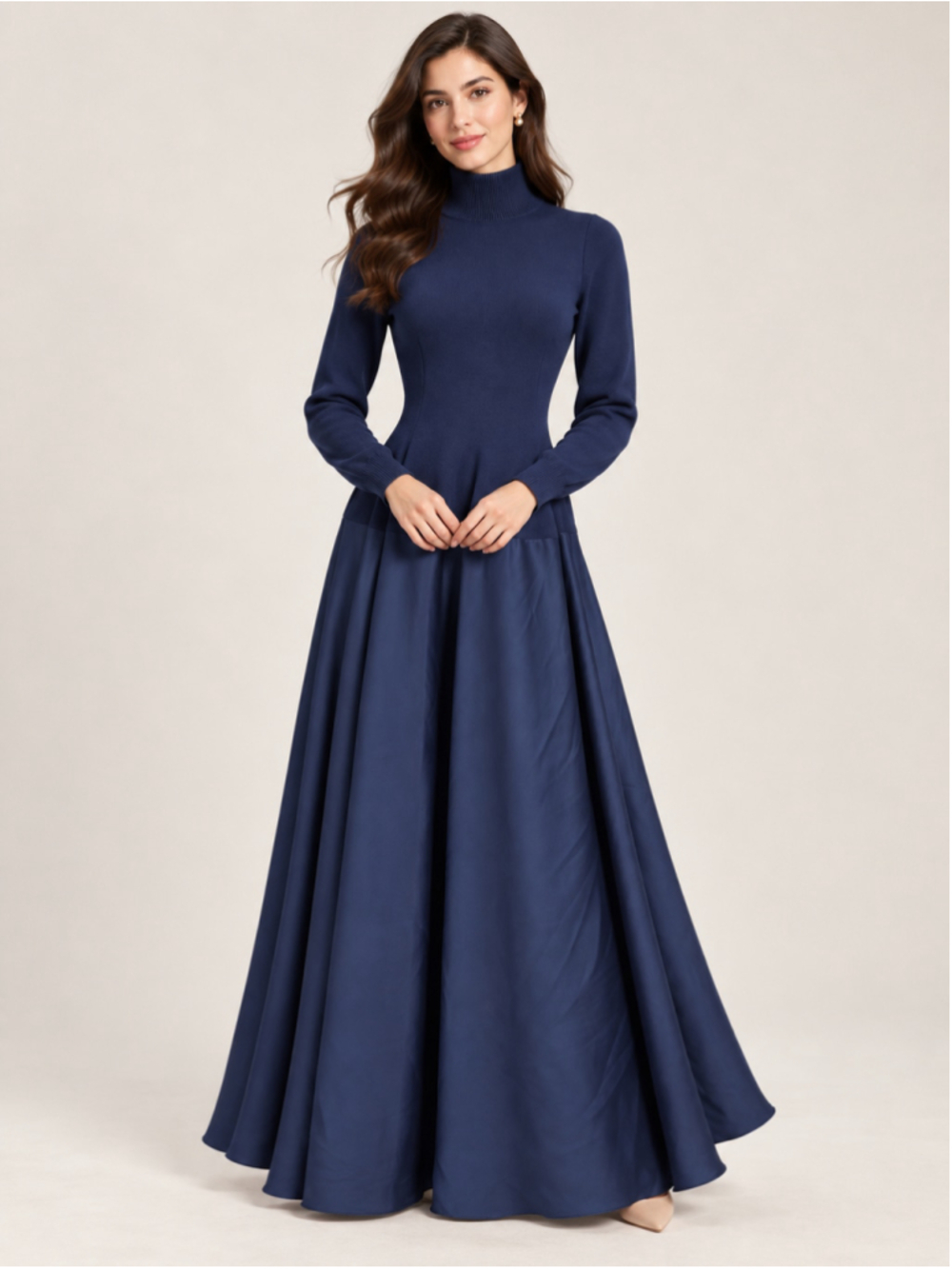 SIMKHAI Navy Blue Turtleneck Knit Satin Maxi Dress Size S Long Sleeve Designer